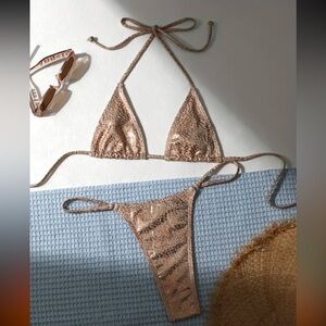 New Gold Leopard Thong Bikini Size Small Swimsuit NWT